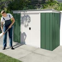 Green and white metal shed with a sloped roof, double sliding doors, and vertical panel design, measuring 6' x 4'.