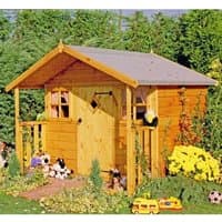 Wooden garden playhouse with pitched roof, diamond window, and small porch; surrounded by flowers and greenery.