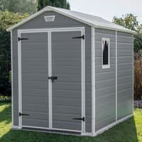 Gray Keter Manor plastic garden shed, 6' x 8', with white trim, double doors, and a small side window.