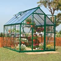 Green-framed polycarbonate greenhouse with clear panels, pitched roof, and door, filled with potted plants.