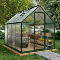Green-framed polycarbonate greenhouse with clear panels, pitched roof, and interior shelving on a wooden base.