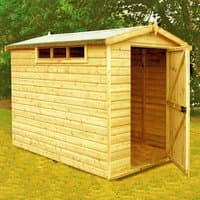 Wooden garden shed with apex roof, single door, and small windows, measuring 6' x 8', natural wood finish.