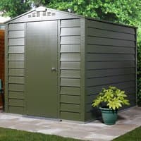 Green Trimetals metal shed with single door, sloped roof, and vented gables, measuring 6' x 8'.