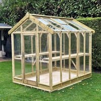 Wooden greenhouse with clear panels, apex roof, and door, measuring 6'3 x 6'4, by Coppice Ashdown.