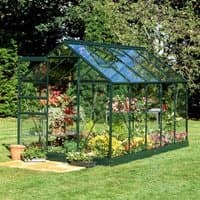 Green-framed greenhouse with clear panels, pitched roof, and spacious interior, set in a garden with plants inside.