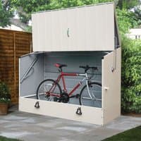 Cream metal bike shed with ramp, open lid, and red bike inside; features side handles and vertical panel design.