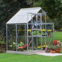 Green metal frame greenhouse with clear panels, peaked roof, and sliding door, housing potted plants and flowers.