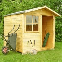 Shire Abri Apex Wooden Garden Shed, natural wood finish, single window, open door, sloped roof, green lawn backdrop.