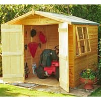 Wooden garden shed with double doors, apex roof, side window, and natural wood finish, housing garden tools.