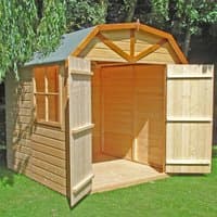 Wooden garden shed with double doors, barn-style roof, and side window, measuring 6'9 x 6'6 by Shire.