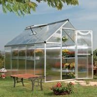 Silver Palram Canopia Mythos greenhouse with twin-wall polycarbonate panels and a sloped roof.