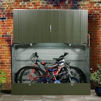 Green Trimetals 6x3 'Protect.a.Cycle' garden storage with metal panels, secure lock, and space for bicycles.
