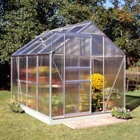 Aluminium frame polycarbonate greenhouse with clear panels and peaked roof, 6'x8' size by Halls.