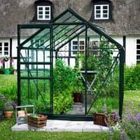 Green-framed greenhouse with large paned toughened glass, 6'x8', set on a lawn with plants inside.
