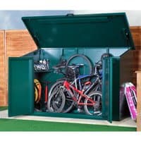 Green Asgard metal storage shed with open lid, showing four bikes, shelves, and a lockable door.