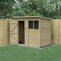 Wooden pent shed, 7x5 ft, overlap panels, single door, two windows, pressure-treated, set against a wooden fence.