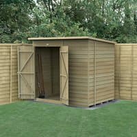 Wooden shed with double doors, no windows, overlap pressure-treated panels, set on grass, surrounded by fencing.