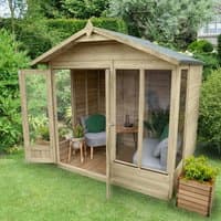 Wooden double door apex summer house with large windows, natural finish, and sloped roof in a garden setting.