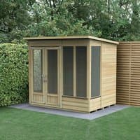 Wooden pent roof summer house with double doors, large windows, and natural finish, set against a garden backdrop.