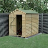 Wooden shiplap shed, 7'x5', windowless, apex roof, pressure-treated, natural finish, single door, green roof.