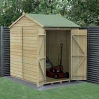 Wooden windowless shed with double doors, reverse apex roof, shiplap cladding, and pressure-treated timber.
