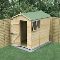 Wooden apex shed with green roof, single door, and window, 7'x5', tongue and groove, pressure treated for durability.