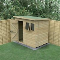 Wooden pent shed with tongue and groove panels, single door, two windows, and a green roof, set in a garden.