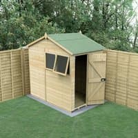 Wooden reverse apex shed with green roof, single door, two windows, tongue and groove panels, set on grass.