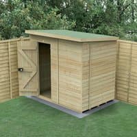 Wooden windowless pent shed, 7'x5', tongue and groove panels, pressure treated, sloped roof, natural finish.