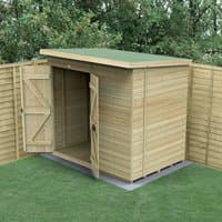 Wooden windowless pent shed, 7'x5', double doors open, tongue and groove panels, green roof, set on grass.