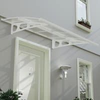 White mist large door canopy with curved design and clear panel, mounted above a door on a light-colored wall.