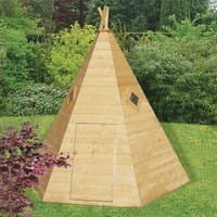7 x 6 Shire Wigwam wooden playhouse with triangular shape, natural wood finish, and small windows.