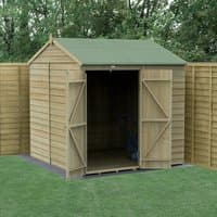 Wooden shed with reverse apex roof, double doors, pressure-treated overlap panels, and no windows, 7' x 7' size.