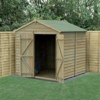 Wooden shed with double doors, apex roof, windowless, pressure-treated overlap panels, set in a grassy garden.