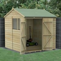 Wooden shed with shiplap cladding, double doors, reverse apex roof, and green felt, set in a garden.