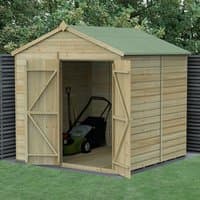 Wooden 7'x7' shiplap shed with double doors, apex roof, windowless design, pressure-treated timber, green roof.