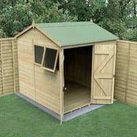 7' x 7' wooden shed with green roof, double doors, and windows, set in a garden with surrounding fence.