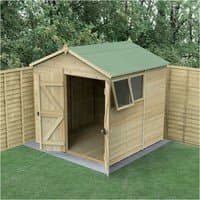 7' x 7' wooden apex shed with double doors, green roof, and side window, set against a garden fence.
