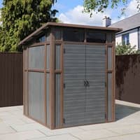 Gray and brown composite pent shed with double doors, windowed top panels, and flat roof, set on a patio.