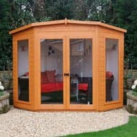 Wooden summerhouse with double glass doors, corner design, natural finish, and large windows on each side.
