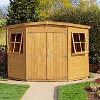 Shire Shiplap Wooden Corner Garden Shed, 7'x7', natural wood finish, double doors, two side windows.