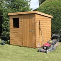 Wooden garden shed with shiplap cladding, single door, and window; flat roof; surrounded by garden tools and lawnmower.