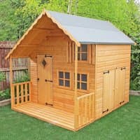 Wooden playhouse with pitched roof, front porch, diamond window, and side storage door, measuring 7' x 8'.