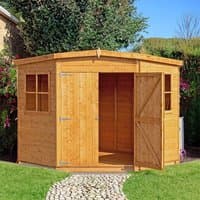 Shire wooden corner garden shed, 7'5 x 7'5, shiplap design, two windows, double doors, natural wood finish.