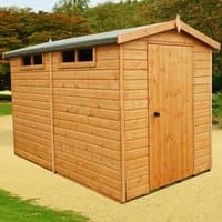 Wooden garden shed with apex roof, two small windows, and single door, natural wood finish, 8' x 10' size.