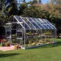 8' x 14' Halls Magnum 814 Greenhouse with aluminum frame, clear glass panels, and pitched roof on grassy lawn.