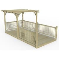 Wooden pergola deck kit with slatted roof, railings, and open sides, measuring 8' x 16' in light natural finish.