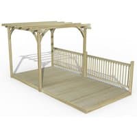 Wooden pergola deck kit with slatted roof, railing on one side, and natural finish, measuring 8' x 16'.