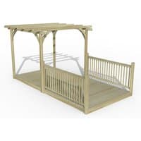Wooden pergola deck kit with slatted roof, railing, and rectangular platform, measuring 8' x 16'.