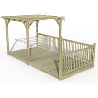 Wooden pergola deck kit with slatted roof, railing on three sides, and natural finish, measuring 8' x 16'.